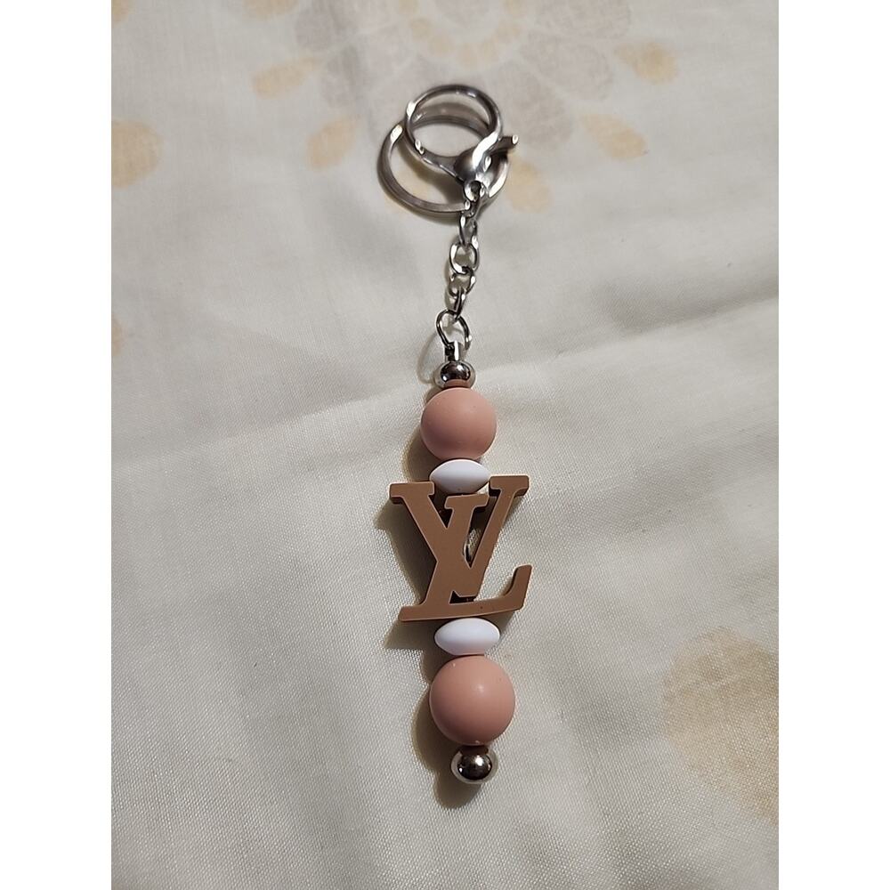 Silicone Bead Keychain LOVE Brown & Pink Handmade